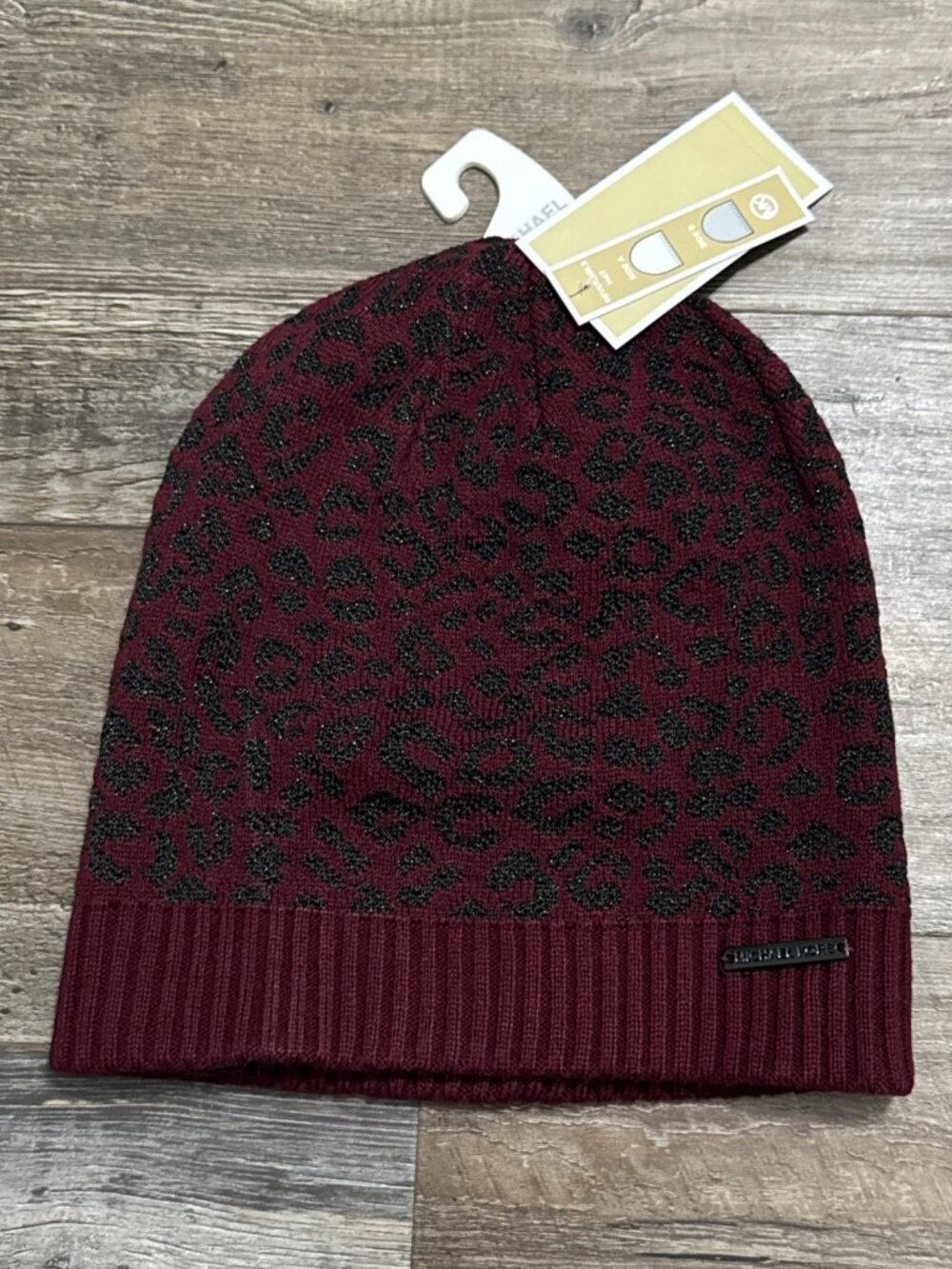 NWT Michael Kors Metallic Leopard Reversible knit Beanie Dark Ruby MSRP $45